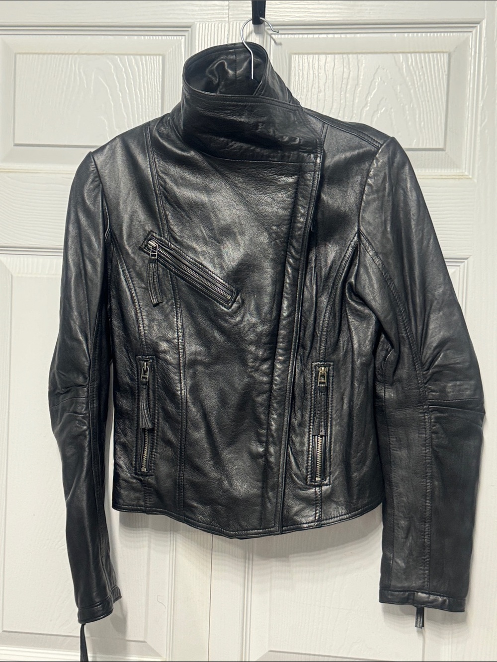 Zara Women 100% Genuine Lambskin Leather Moto Jacket Black Size Medium